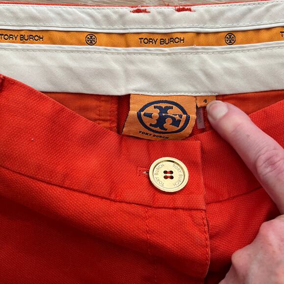 Tory Burch Chino Mid-Rise Dark Shorts in Orange Habanero Pepper sz 4 - Picture 6 of 7